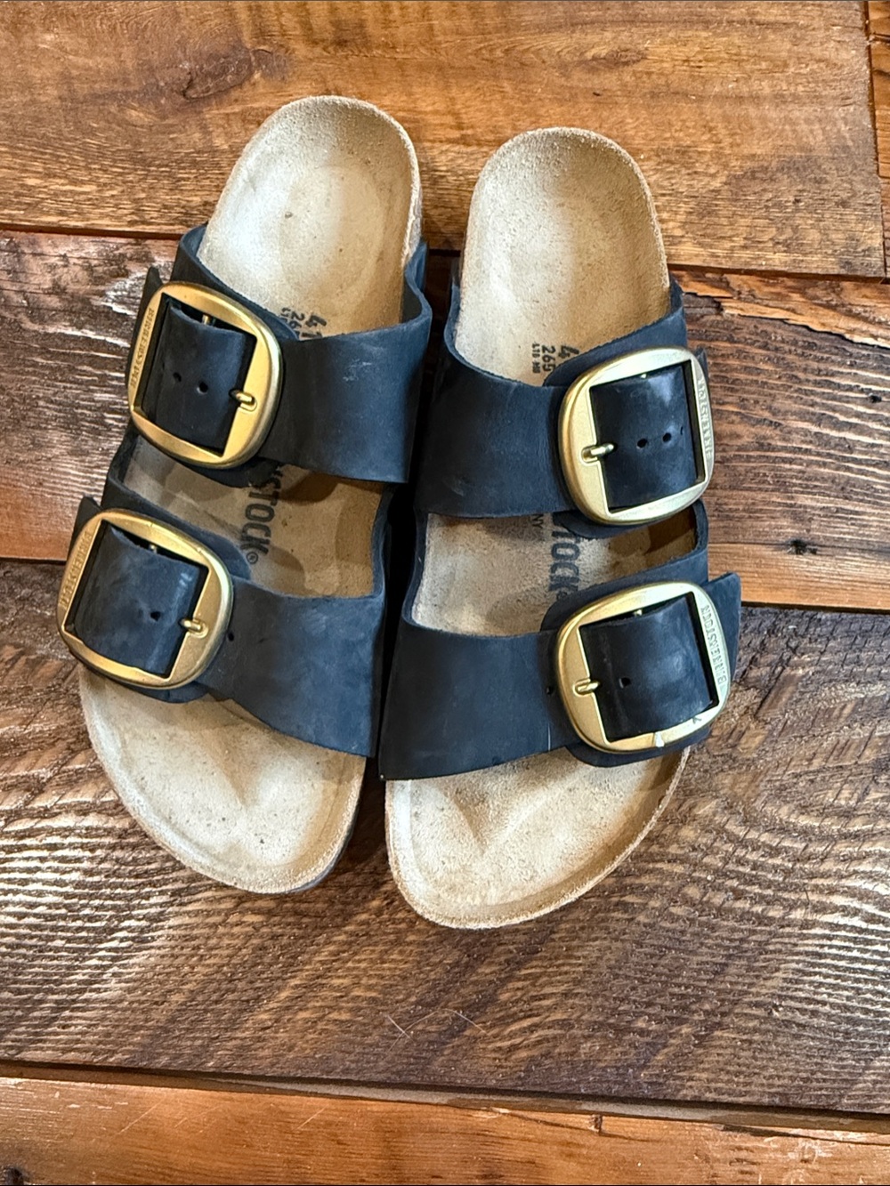 Birkenstock Black Double-Buckle Sandals with Gold Buckles